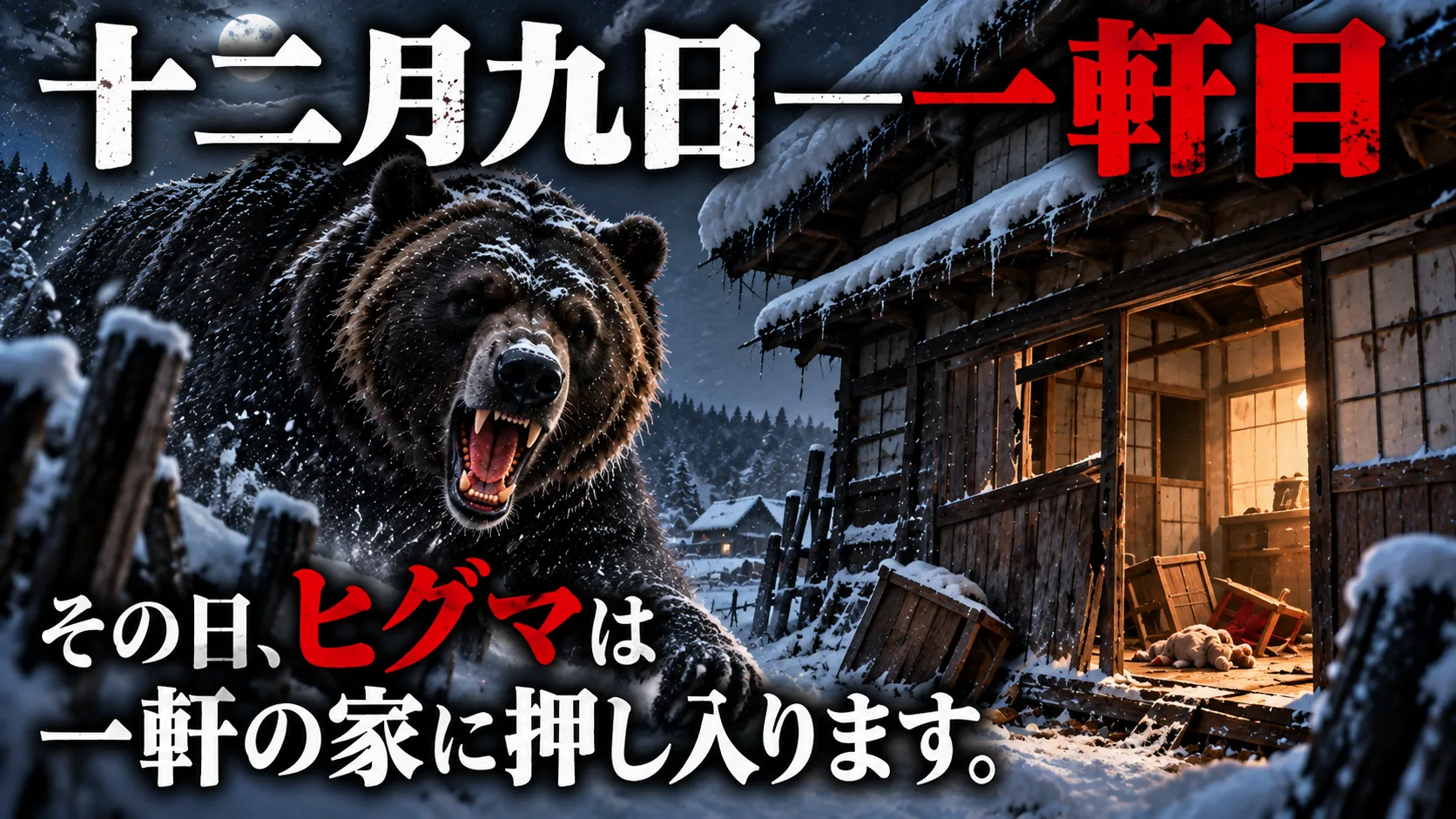 雪の夜、開拓小屋に迫るヒグマ
