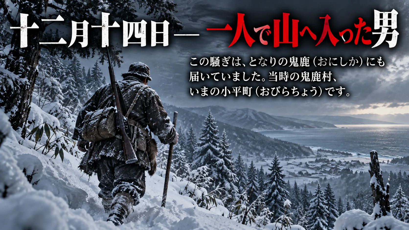 銃を担ぎ、雪の山へ一人で入っていく猟師