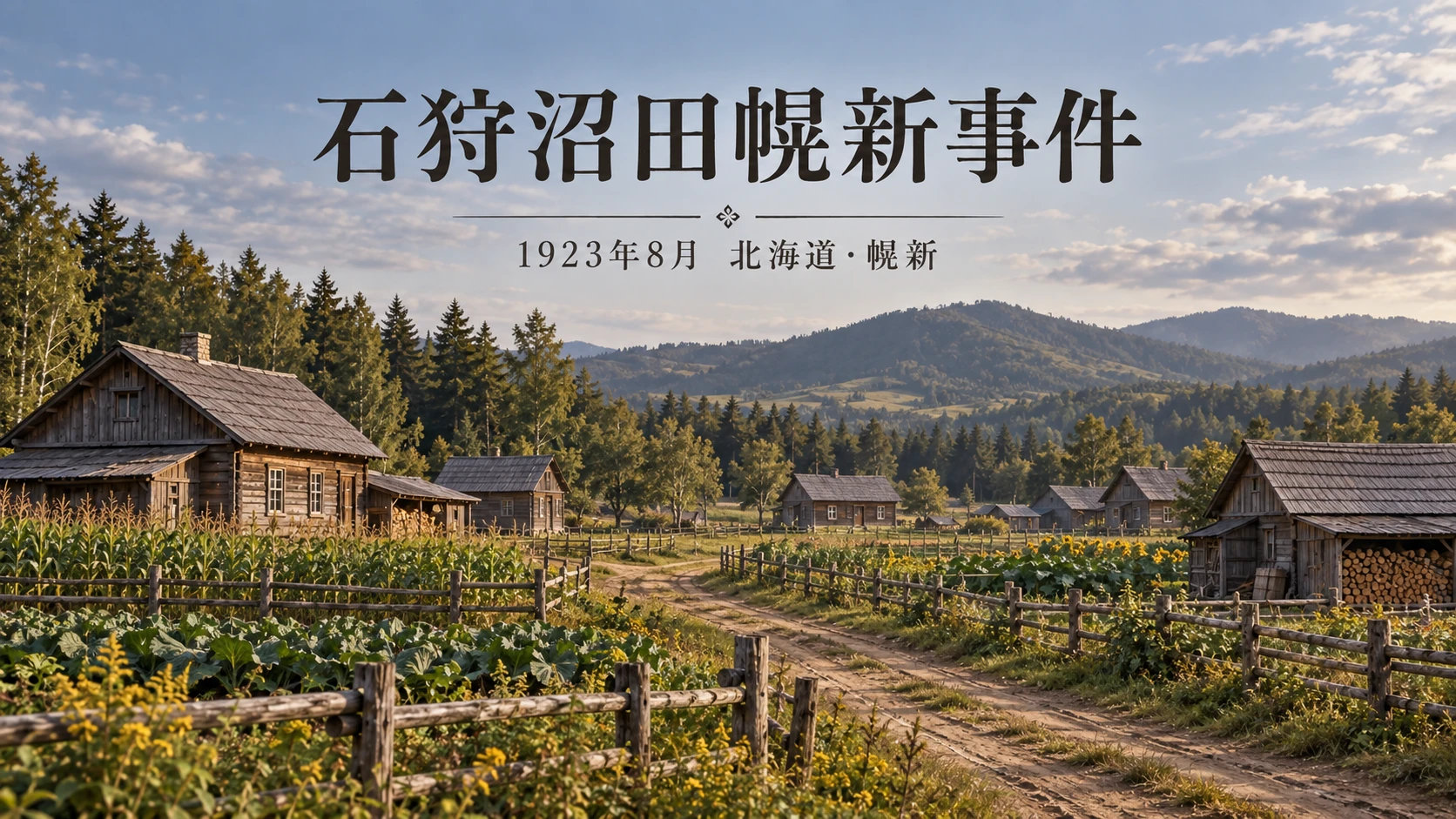 開拓期の木造の家々と畑、遠くに山が広がる夏の風景のイラスト。「石狩沼田幌新事件 1923年8月 北海道・幌新」の文字