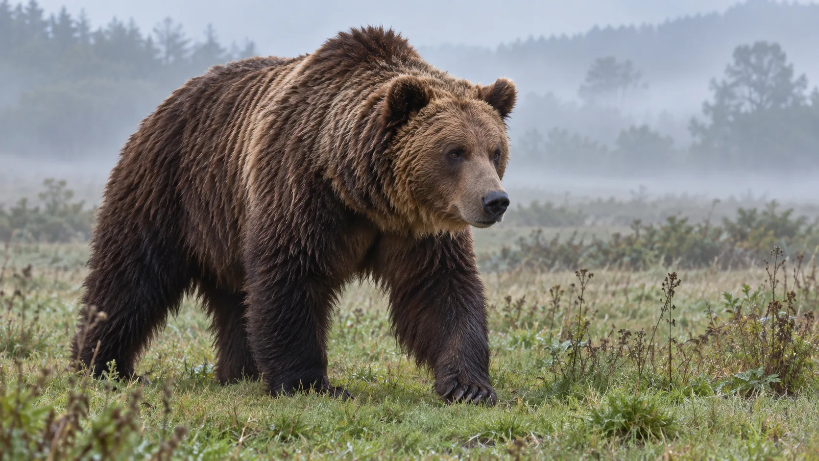 霧のかかった道東の牧草地を歩くヒグマのイメージ