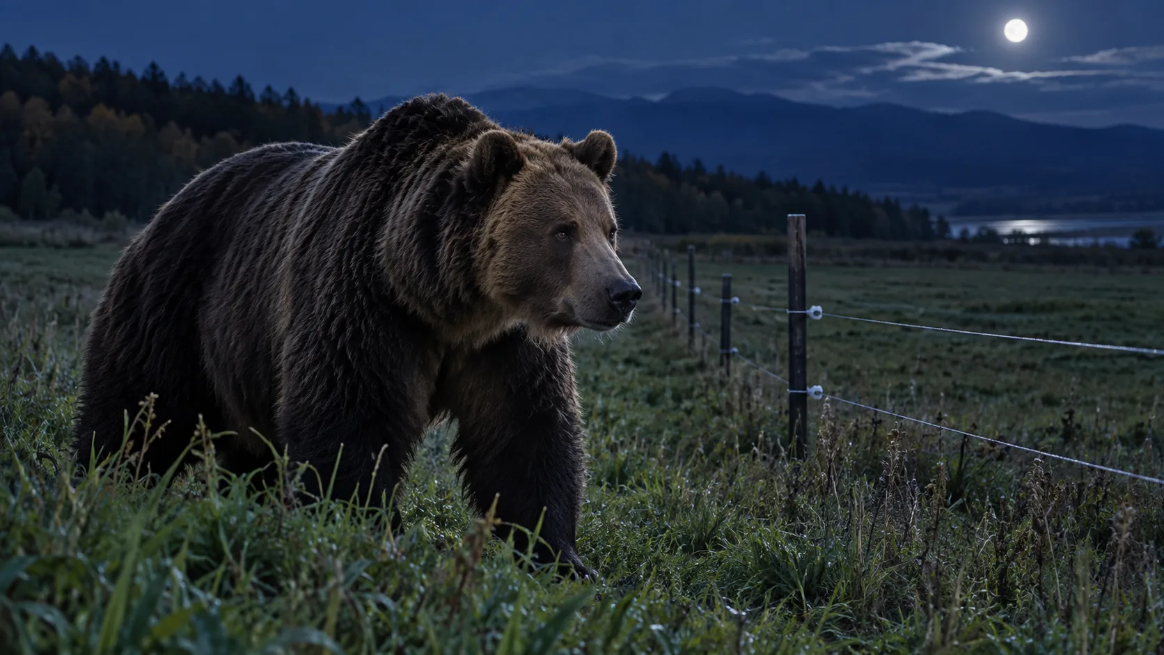夜の牧草地に張られた電気柵のそばを歩くヒグマのイメージ