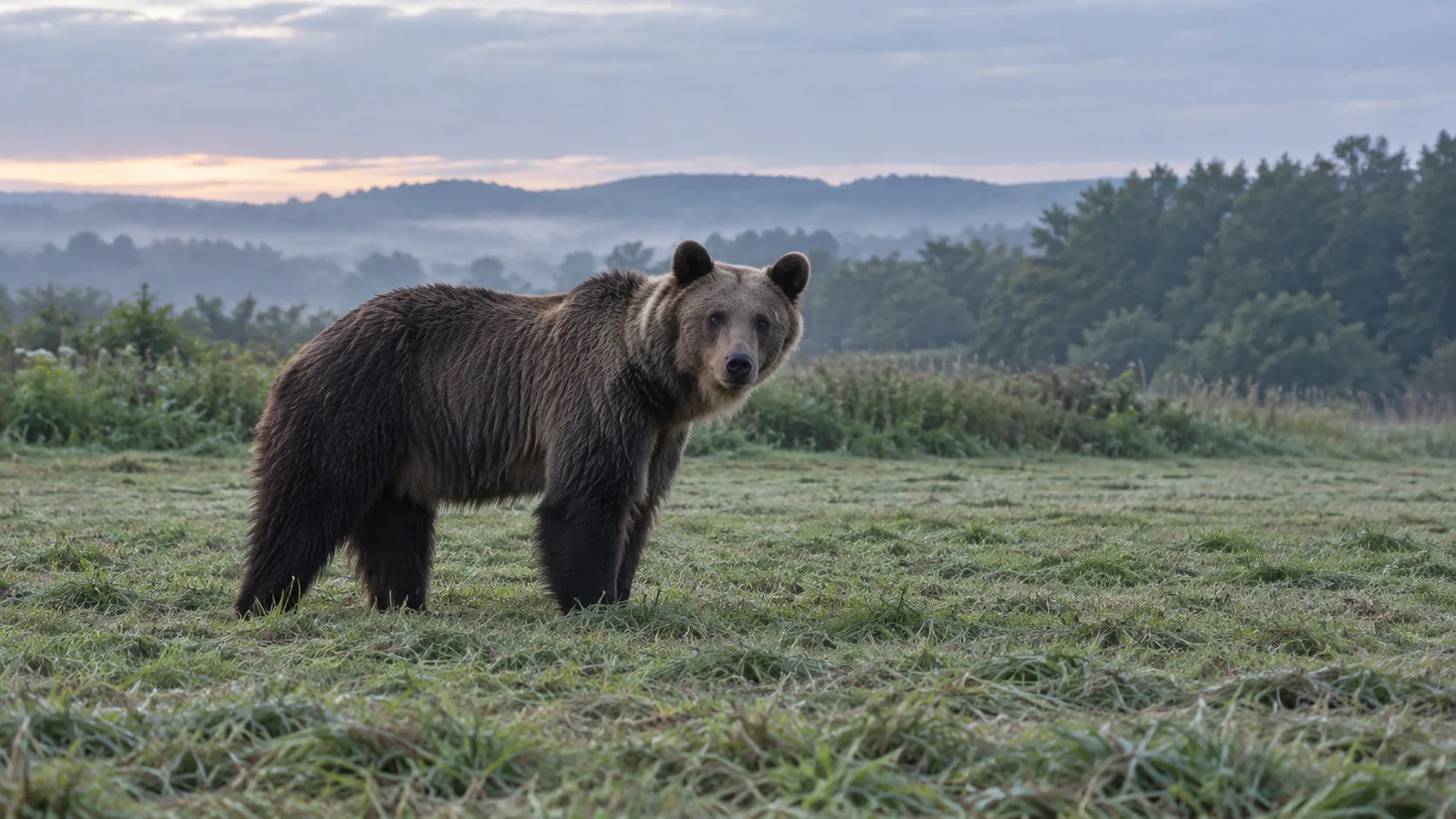 夜明けの、草を刈ったばかりの牧草地に立ってこちらを見ているヒグマのイメージ
