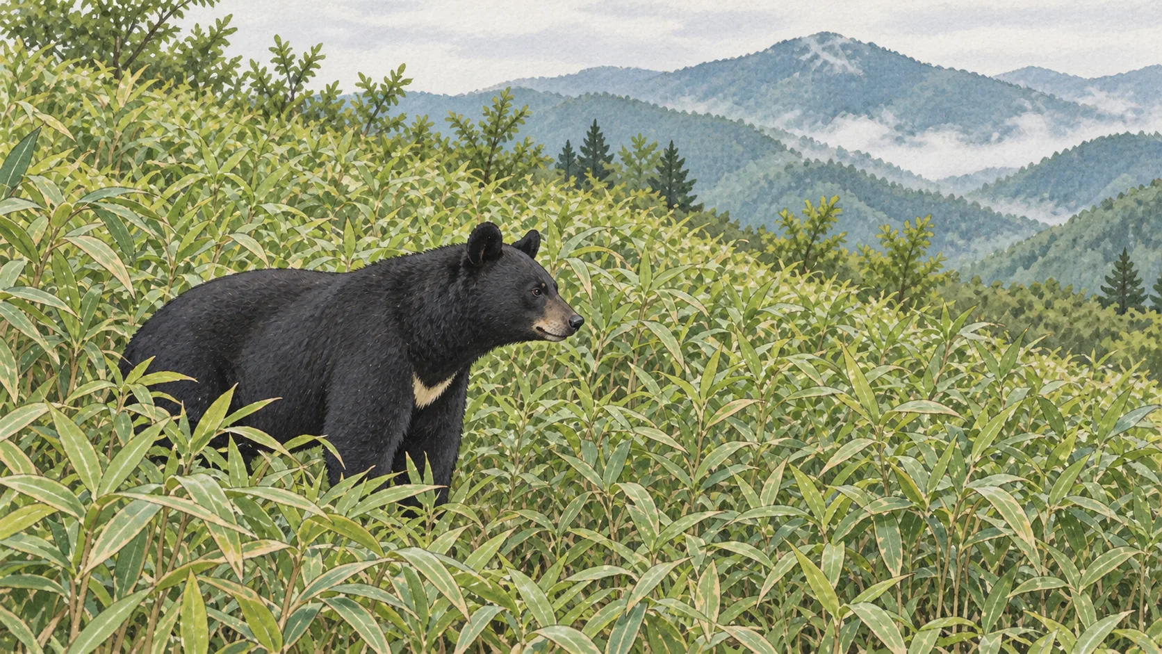 背丈ほどのササ藪が斜面をびっしり覆う初夏の東北の里山と、藪の中を進むツキノワグマのイラスト