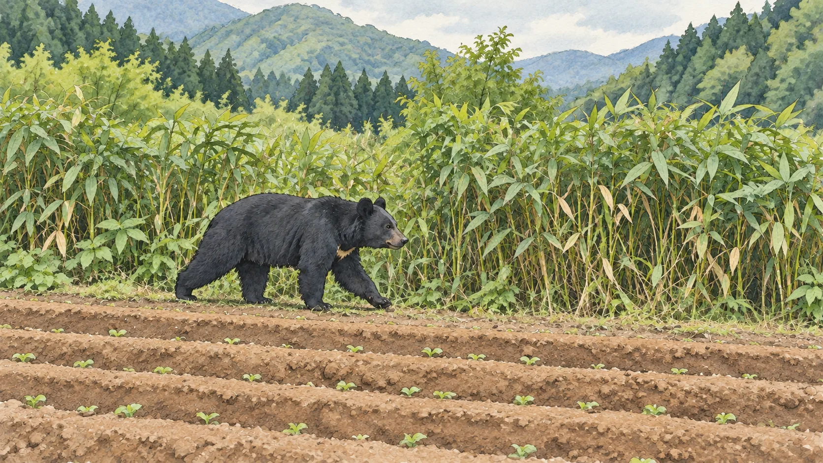 山あいの小さな畑と、それに接して斜面を覆うササ藪、畑の縁を歩くツキノワグマのイラスト
