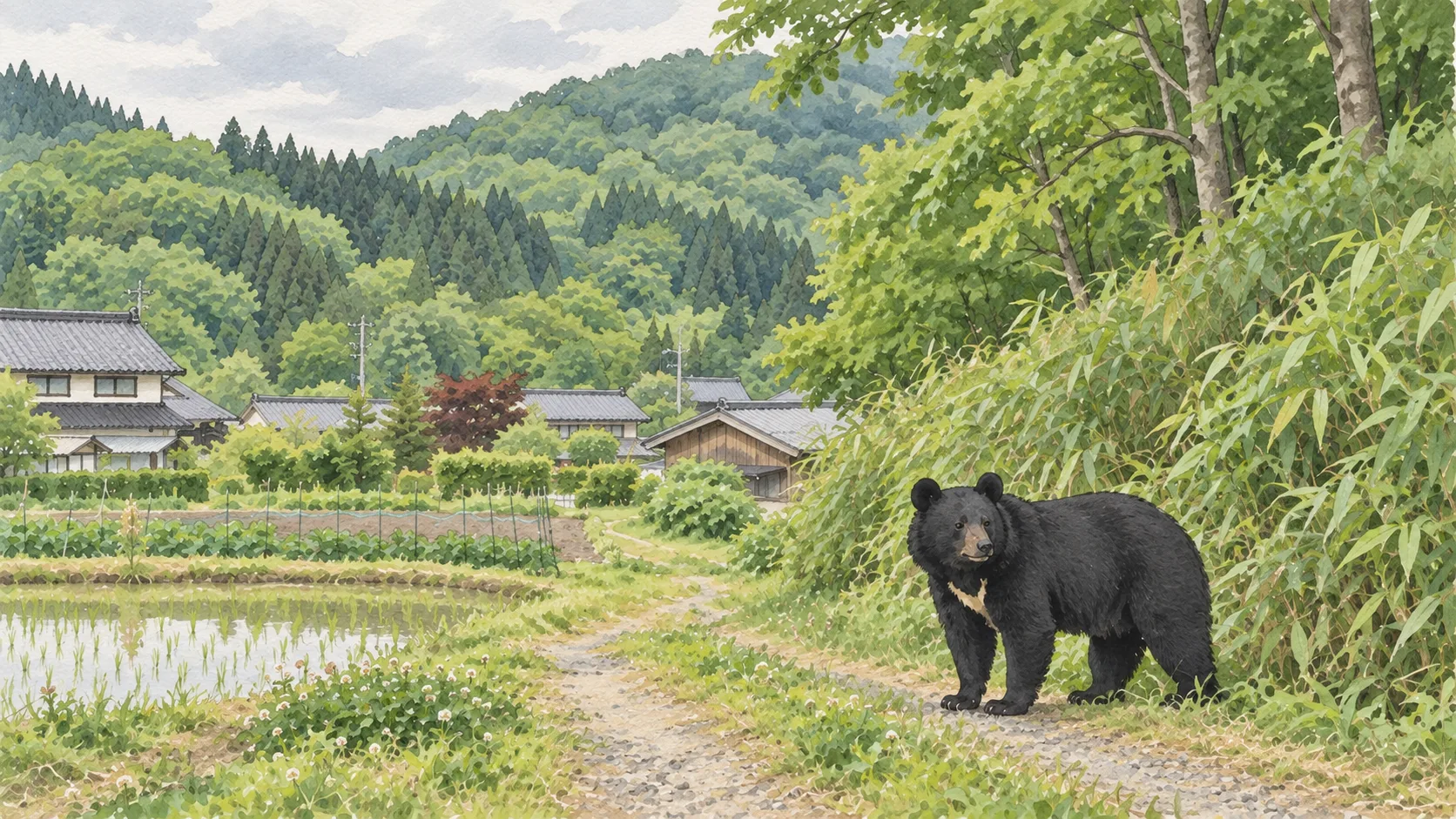 畑と人家の裏手にブナ林と笹の斜面が迫る初夏の東北の里山と、農道に出てきたツキノワグマのイラスト
