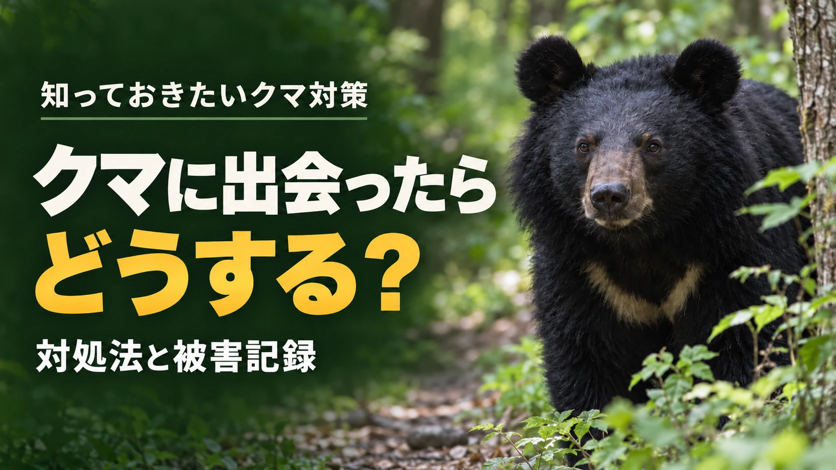 森の小道でこちらを見るツキノワグマ。「クマに出会ったらどうする？ 対処法と被害記録」の文字